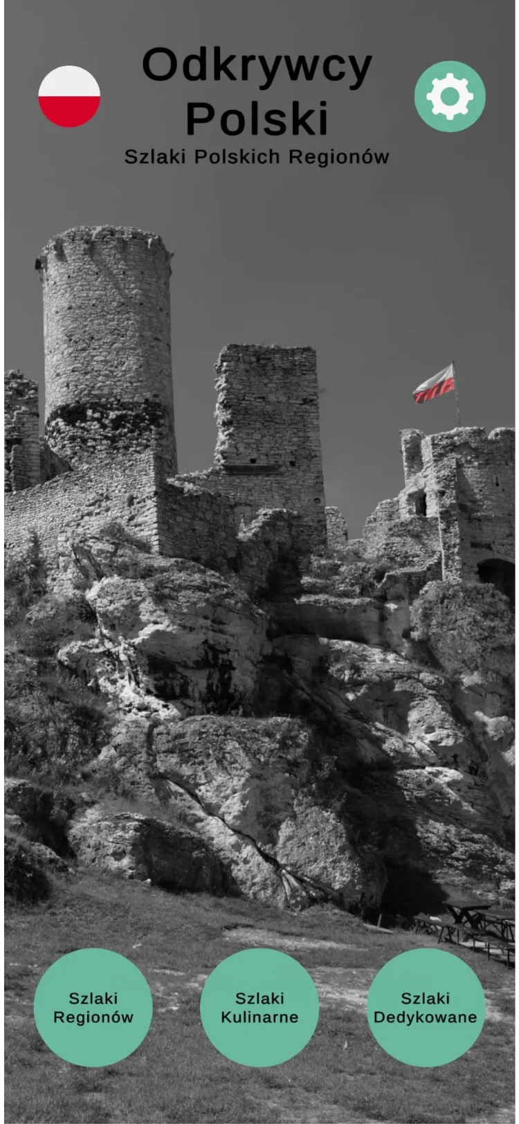 Widok aplikacji mobilnej Odkrywcy Polski z mapą Polski i kolekcją monet turystycznych